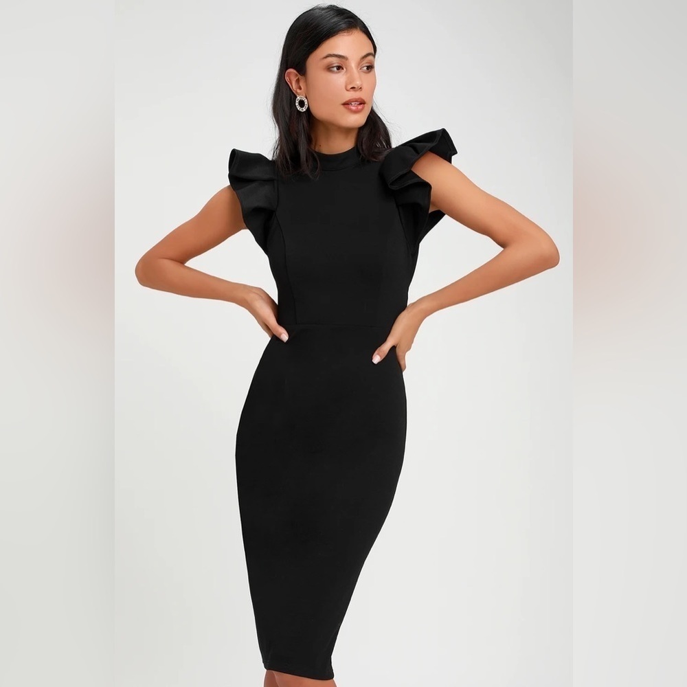 Stylish Splendor Black Backless Ruffle Bodycon Midi Dress